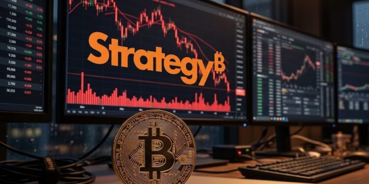 Moneda física de bitcoin con el logo de Strategy y gráficas de mercado rojas en el fondo.