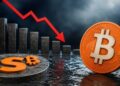 Moneda de Bitcoin junto a una gráfica financiera con flecha roja en descenso y el logo de Strategy sobre un pedestal.
