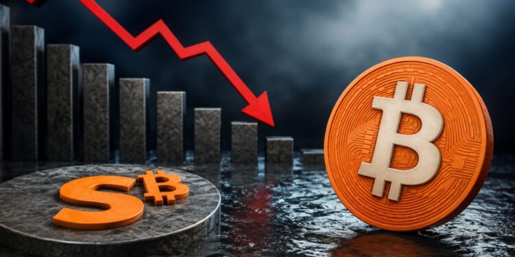 Moneda de Bitcoin junto a una gráfica financiera con flecha roja en descenso y el logo de Strategy sobre un pedestal.