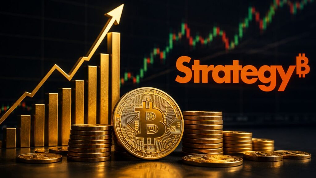 Logotipo de Strategy de inversión en bitcoin con gráfico de crecimiento.