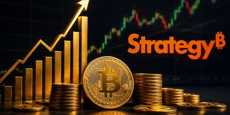 Logotipo de Strategy de inversión en bitcoin con gráfico de crecimiento.