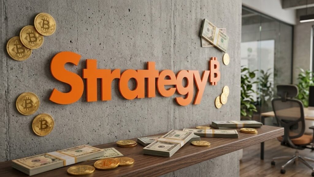 Logo de Strategy sobre una pared con monedas de bitcoin y dólares en efectivo.