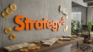 Logo de Strategy sobre una pared con monedas de bitcoin y dólares en efectivo.