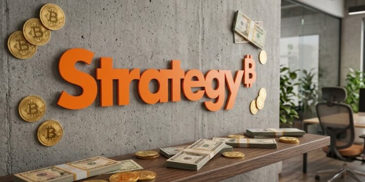 Logo de Strategy sobre una pared con monedas de bitcoin y dólares en efectivo.