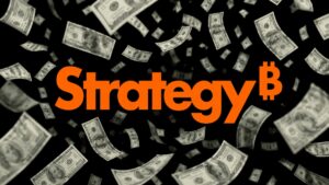 Una "lluvia de dólares" sobre el logo de Strategy.