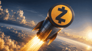 Un cohete con el logo de zcash subiendo.