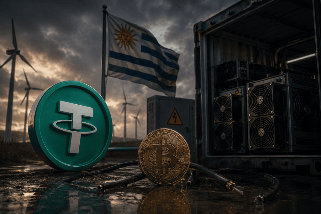 Logo de Tether junto a minería de bitcoin apagada y energía eólica en Uruguay.