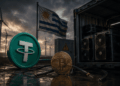 Logo de Tether junto a minería de bitcoin apagada y energía eólica en Uruguay.