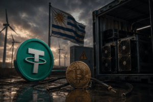 Logo de Tether junto a minería de bitcoin apagada y energía eólica en Uruguay.
