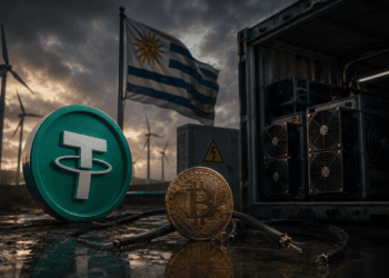 Logo de Tether junto a minería de bitcoin apagada y energía eólica en Uruguay.