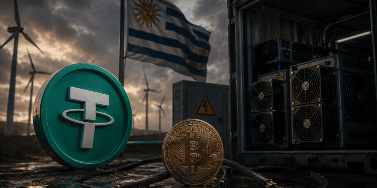 Logo de Tether junto a minería de bitcoin apagada y energía eólica en Uruguay.