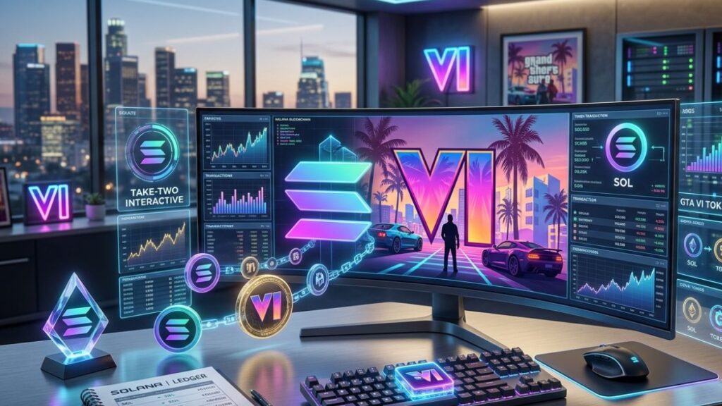 Escritorio futurista con monitor curvo mostrando charts de Solana y con inspiraciones en el videojuego GTA VI.