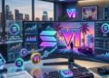 Escritorio futurista con monitor curvo mostrando charts de Solana y con inspiraciones en el videojuego GTA VI.