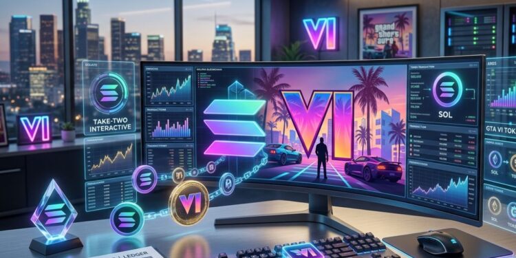 Escritorio futurista con monitor curvo mostrando charts de Solana y con inspiraciones en el videojuego GTA VI.