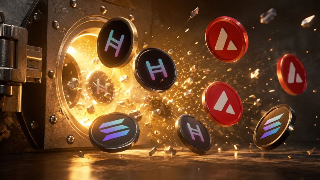 Monedas con logos de Solana, Hedera y Avalanche volando al salir de una caja fuerte dorada y abierta.
