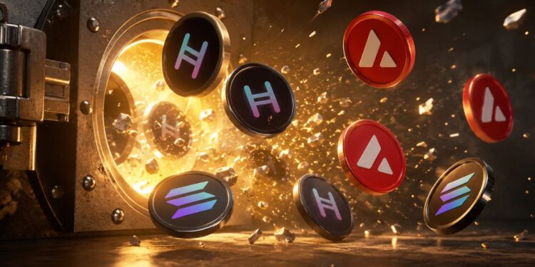 Monedas con logos de Solana, Hedera y Avalanche volando al salir de una caja fuerte dorada y abierta.
