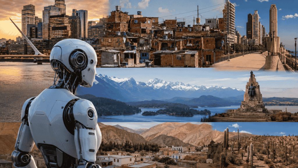 Un robot antropomorfo que simboliza a Tomi, frente a diversos paisajes urbanos de Argentina.