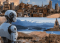 Un robot antropomorfo que simboliza a Tomi, frente a diversos paisajes urbanos de Argentina.