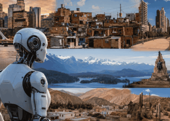 Un robot antropomorfo que simboliza a Tomi, frente a diversos paisajes urbanos de Argentina.