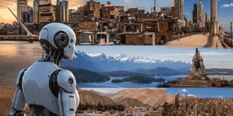 Un robot antropomorfo que simboliza a Tomi, frente a diversos paisajes urbanos de Argentina.