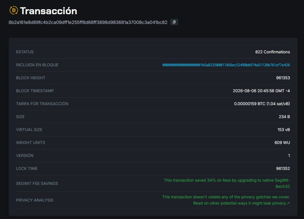 Captura de pantalla de la transacción que inmortaliza la demanda subida a Bitcoin.