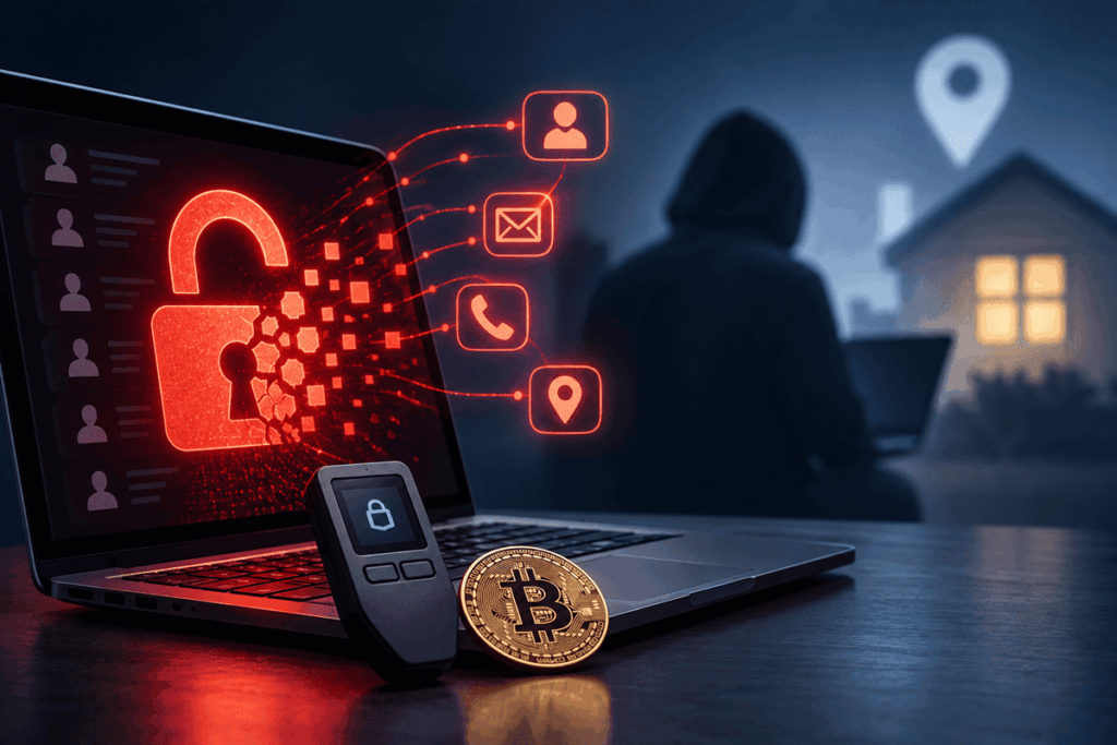 Una laptop muestra una filtración de datos junto a una wallet de criptomonedas, Bitcoin y una dirección residencial expuesta.