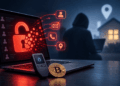 Una laptop muestra una filtración de datos junto a una wallet de criptomonedas, Bitcoin y una dirección residencial expuesta.