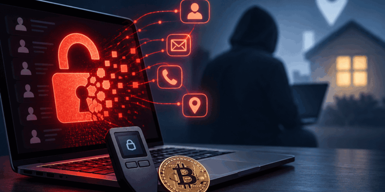 Una laptop muestra una filtración de datos junto a una wallet de criptomonedas, Bitcoin y una dirección residencial expuesta.