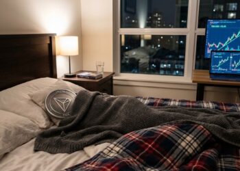 Moneda de TRX (TRON) en una cama, arropada, y en una venta se ven gráficas de mercado al alza.