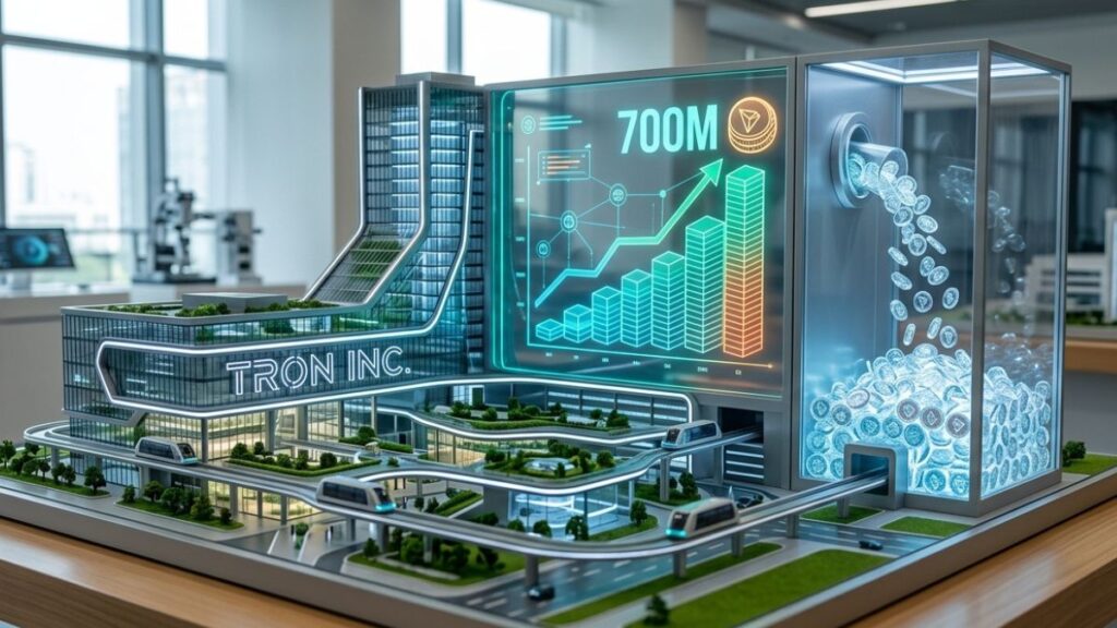 Maqueta arquitectónica hiperrealista de la sede corporativa de Tron Inc., con un depósito transparente lleno de TRX.