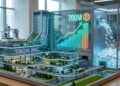 Maqueta arquitectónica hiperrealista de la sede corporativa de Tron Inc., con un depósito transparente lleno de TRX.