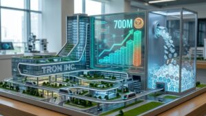 Maqueta arquitectónica hiperrealista de la sede corporativa de Tron Inc., con un depósito transparente lleno de TRX.