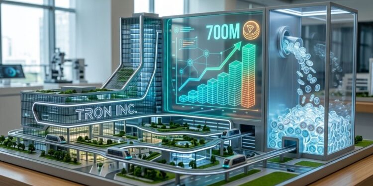 Maqueta arquitectónica hiperrealista de la sede corporativa de Tron Inc., con un depósito transparente lleno de TRX.