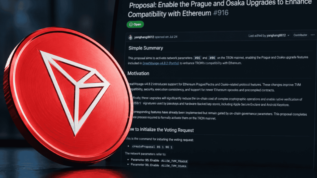 Moneda física de Tron y repositorio de Github con la propuesta que se vota.