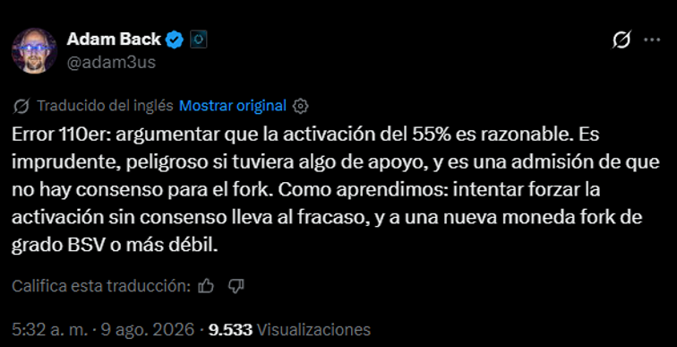 Publicación en X de Adam Back.