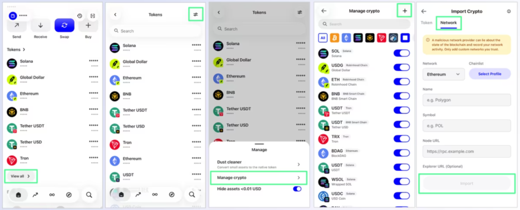 Pasos a seguir para añadir redes de criptomonedas personalizadas.