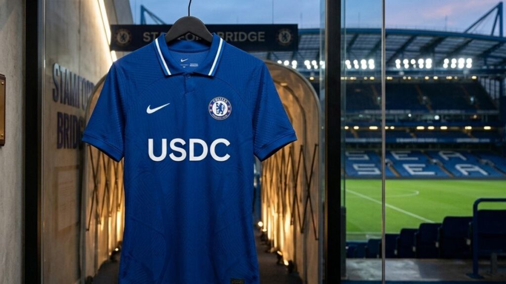Camiseta local del Chelsea FC con patrocinador USDC en Stamford Bridge.