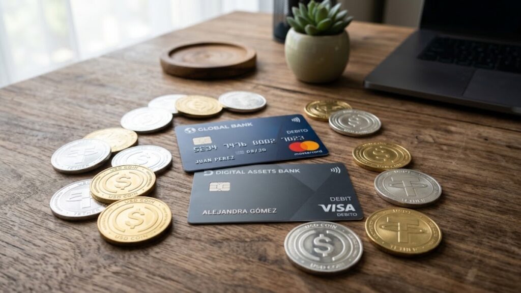 Tarjetas de débito con monedas de USDT y USDC alrededor.