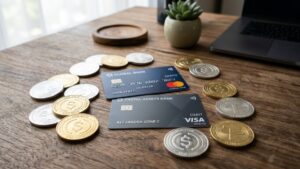 Tarjetas de débito con monedas de USDT y USDC alrededor.