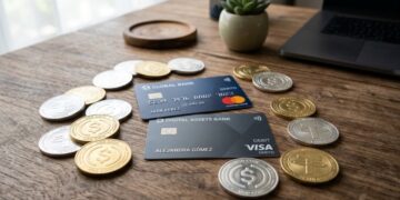 Tarjetas de débito con monedas de USDT y USDC alrededor.