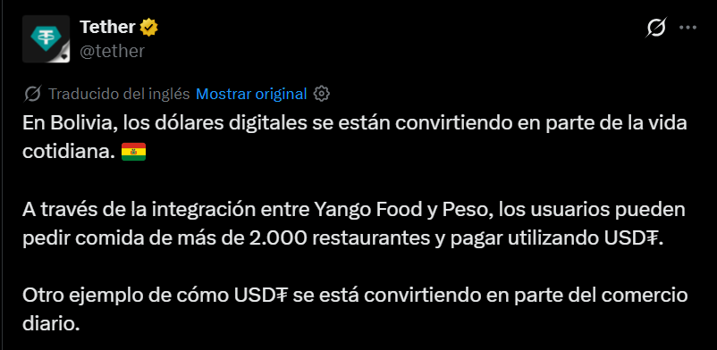 Post de X de Tether.