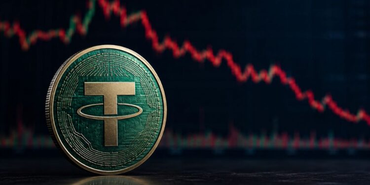 Moneda Tether (USDT) física verde y dorada frente a gráfico de precios bajista.