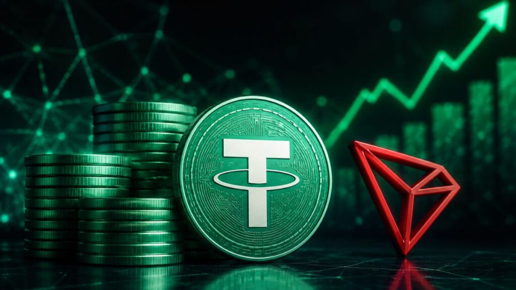 Moneda de USDT de Tether junto al logo de Tron y un gráfico de barras verde en ascensión.