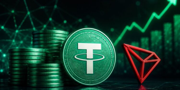 Moneda de USDT de Tether junto al logo de Tron y un gráfico de barras verde en ascensión.