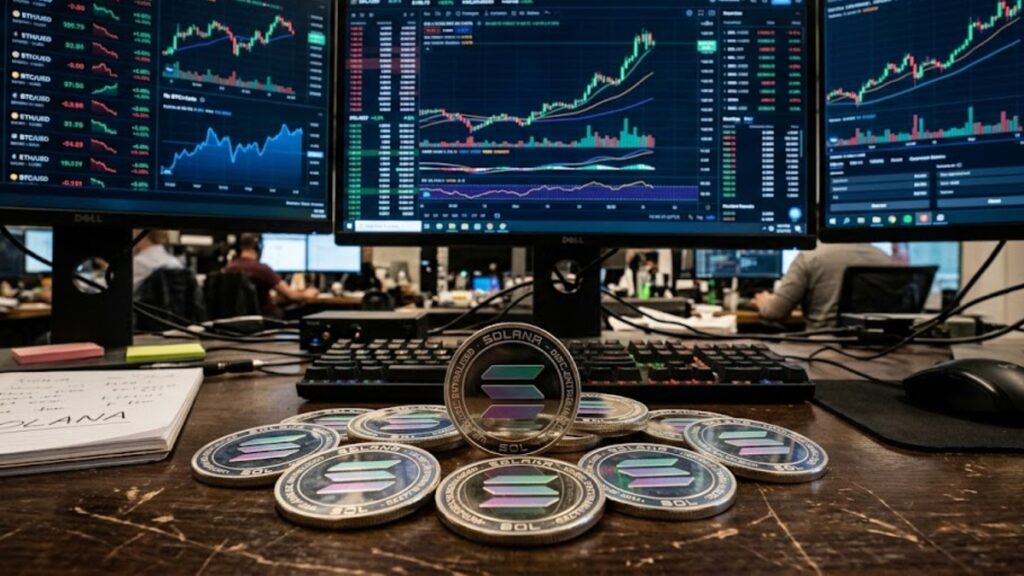 Monedas de solana con gráficas de mercado mixtas en el fondo.