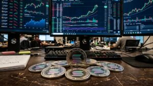 Monedas de solana con gráficas de mercado mixtas en el fondo.