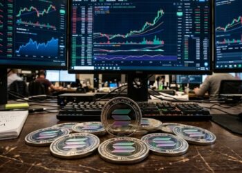 Monedas de solana con gráficas de mercado mixtas en el fondo.