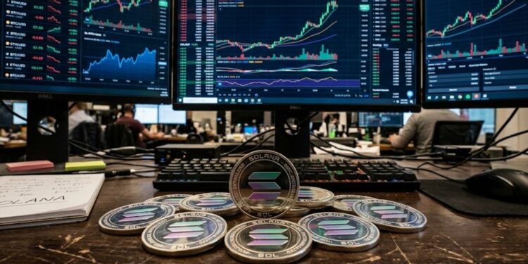 Monedas de solana con gráficas de mercado mixtas en el fondo.