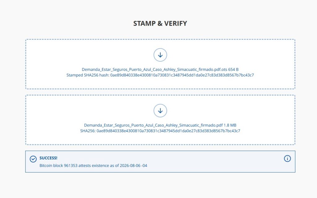Verificación de la demanda en OpenTimeStamps.