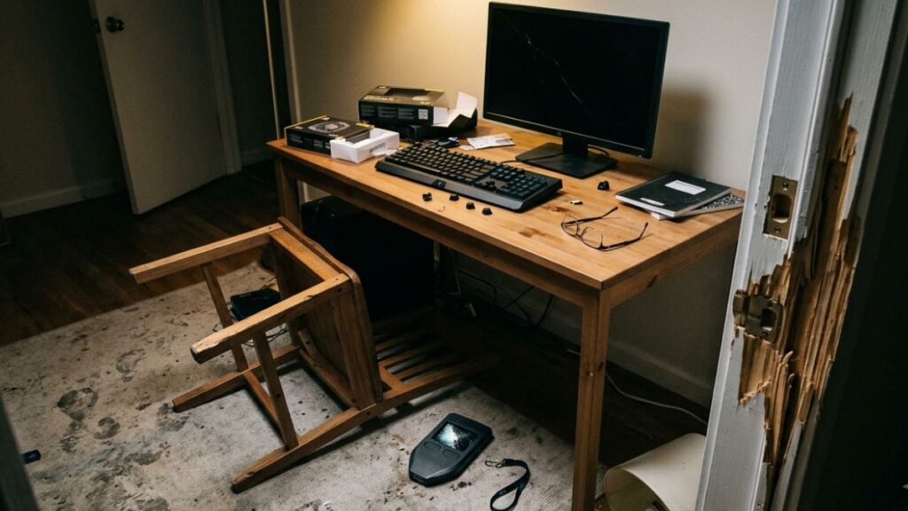 Habitación de trabajo desordenada con el marco de una puerta forzado y un ordenador, representando un robo con violencia física.